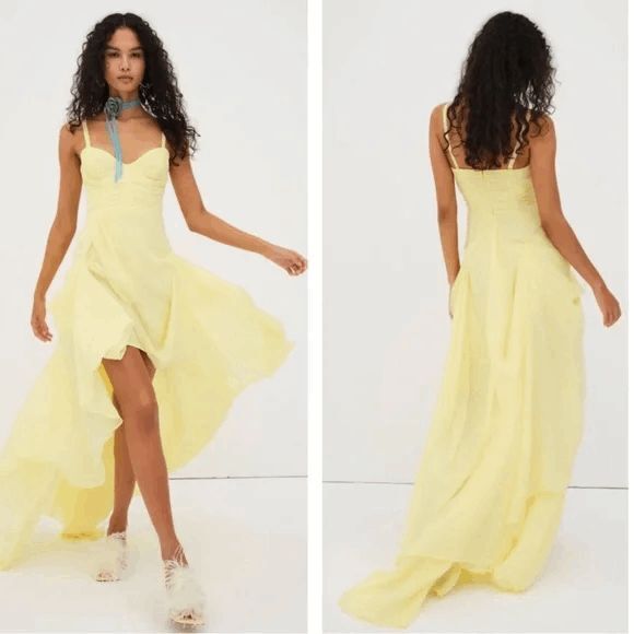 For Love & Lemons June Ruched Draped Tiered High Low Yellow Maxi Dress Small $37 - Picture 1 of 10